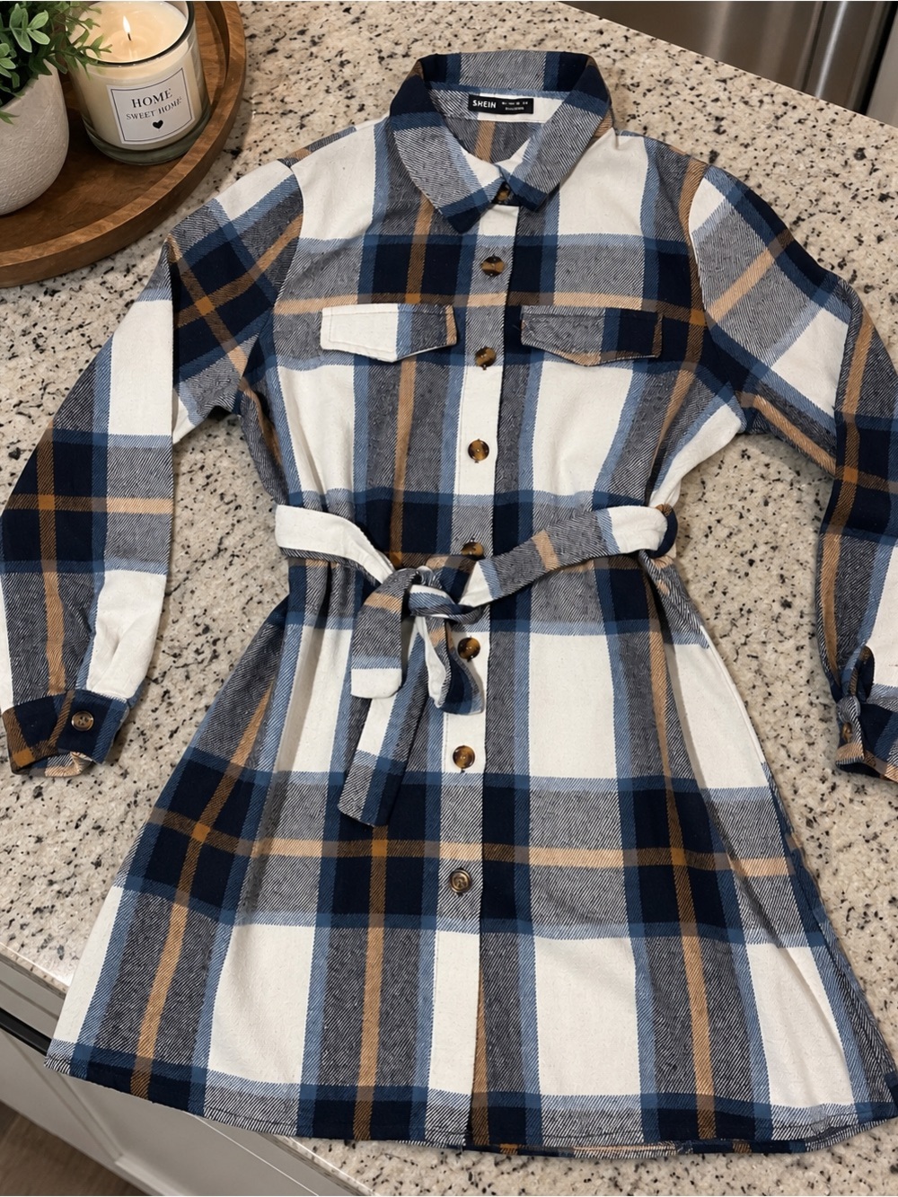 SHEIN Blue White Tan Plaid Tie-Waist Shirt Dress